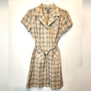 Vintage NEW Plaid Short Sleeve Dress Linen Cotton Shirt Dress Skinny Belt Size 8